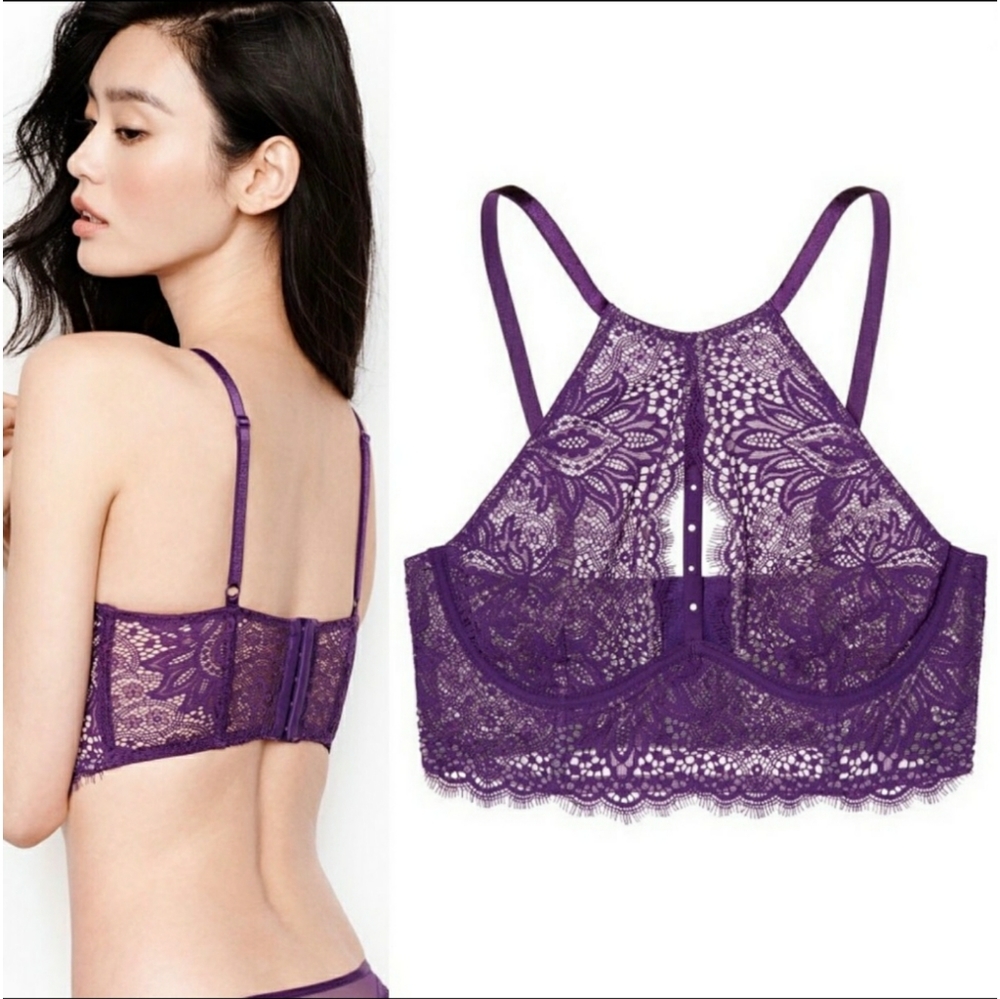 VS Lace High-Neck Halter Long-Line Bra